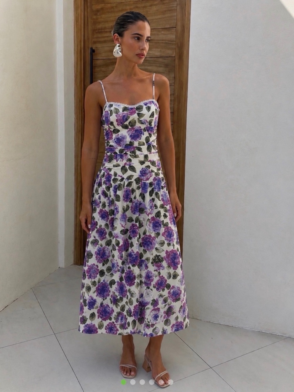Maeve Purple Floral Cotton Midi Dress with Spaghetti Straps